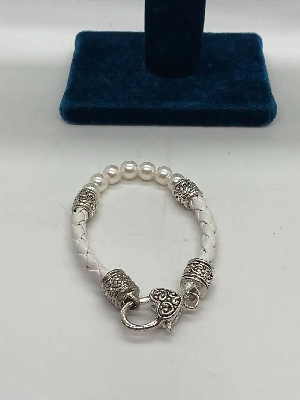 White Braided Leather and faux pearl Bracelet with Silver Toned Details